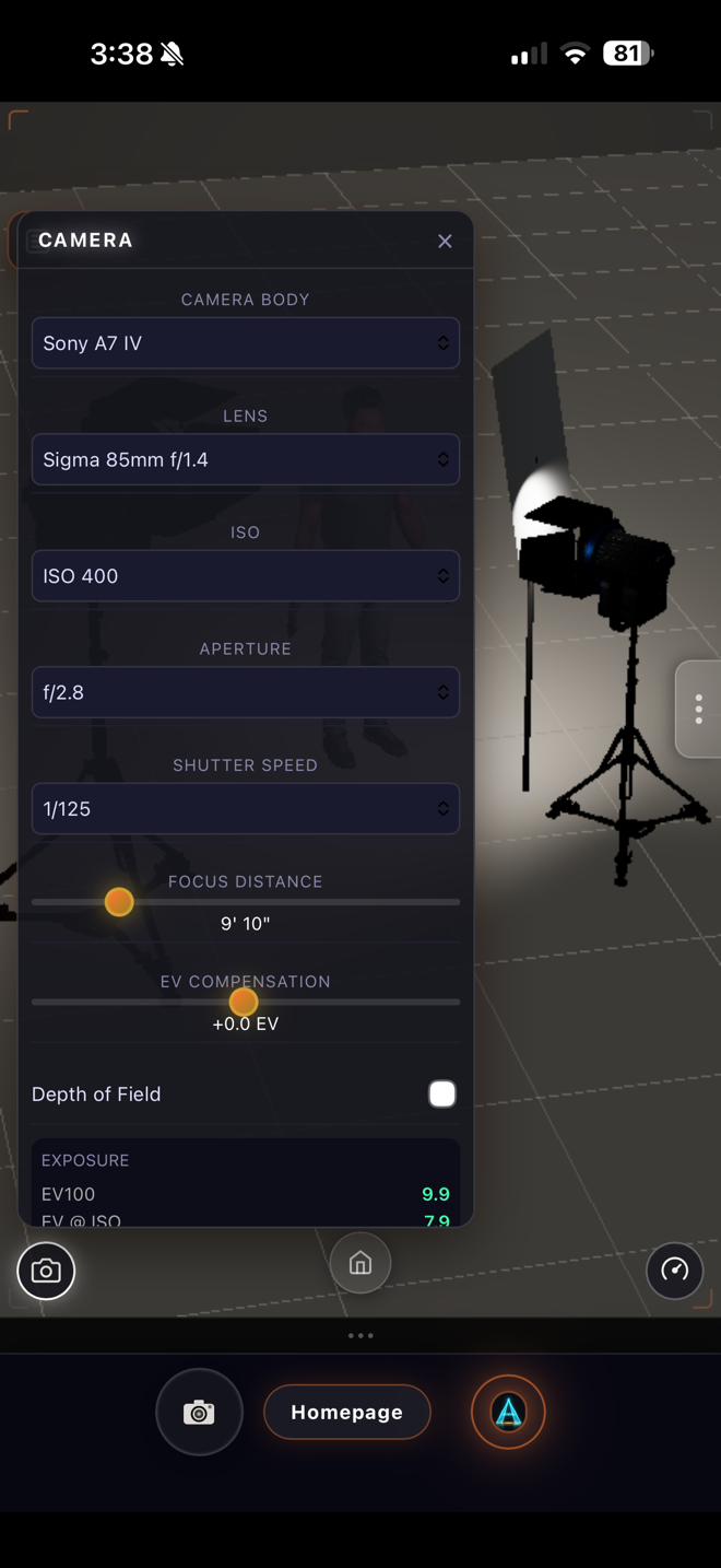 WATT-IF camera controls showing Sony A7 IV and Sigma 85mm settings