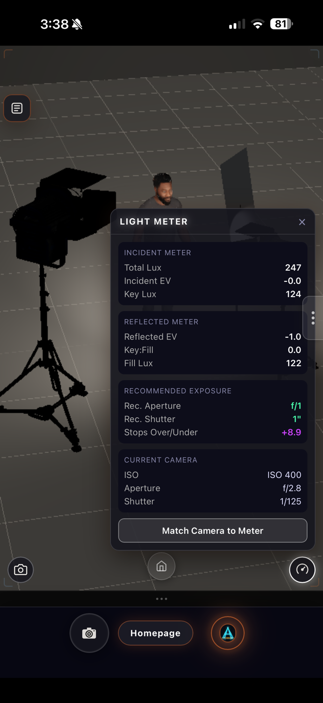 WATT-IF light meter showing incident and reflected EV and lux values