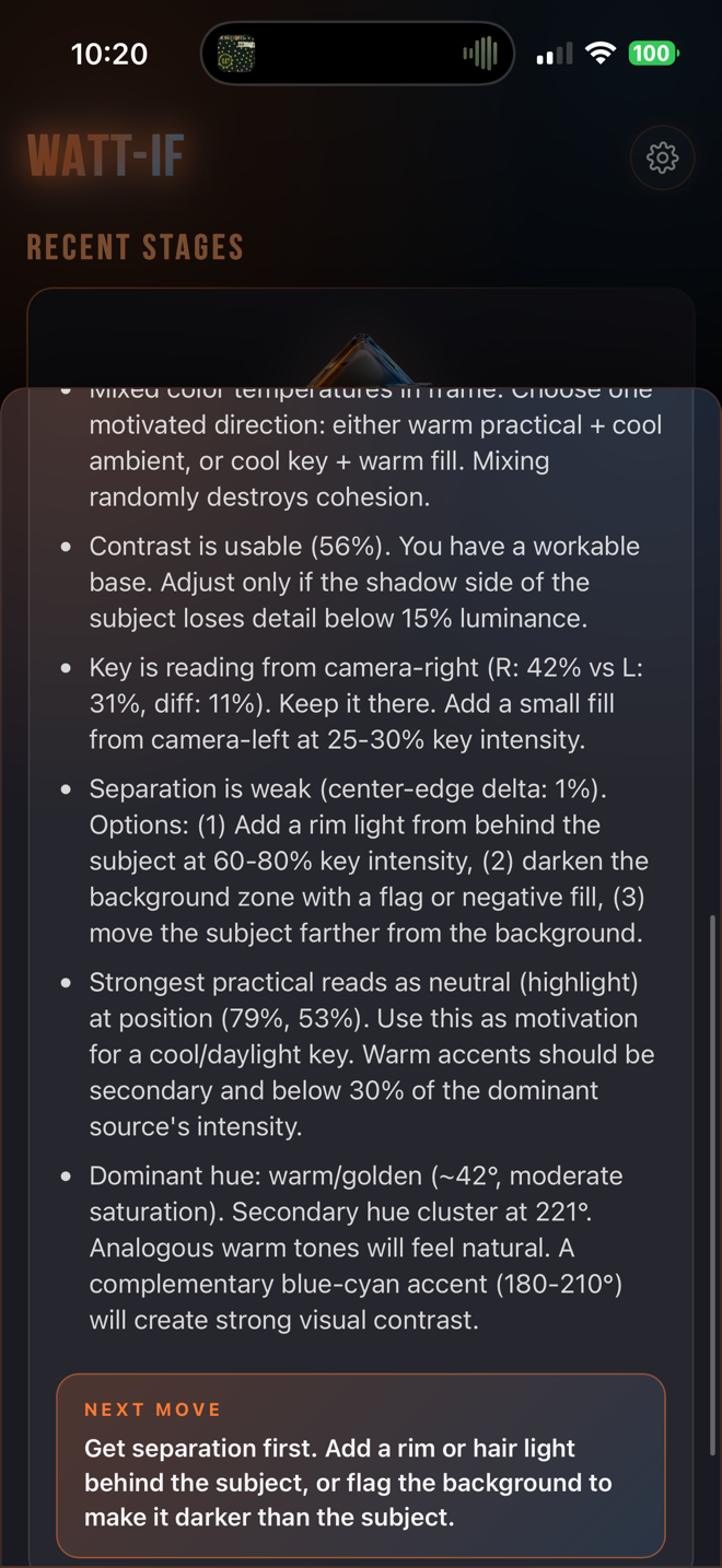 M/mk assistant providing detailed lighting critique on contrast, key placement, and separation