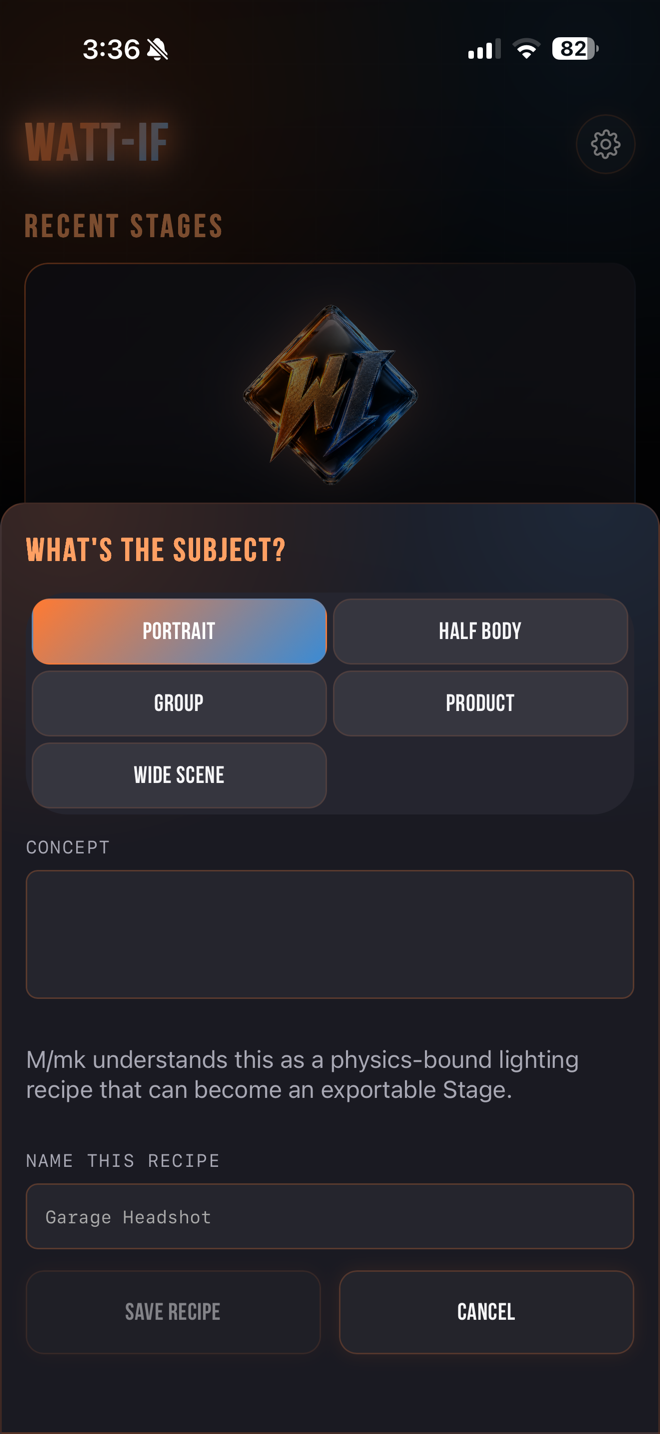 WATT-IF recipe saving interface for a Garage Headshot
