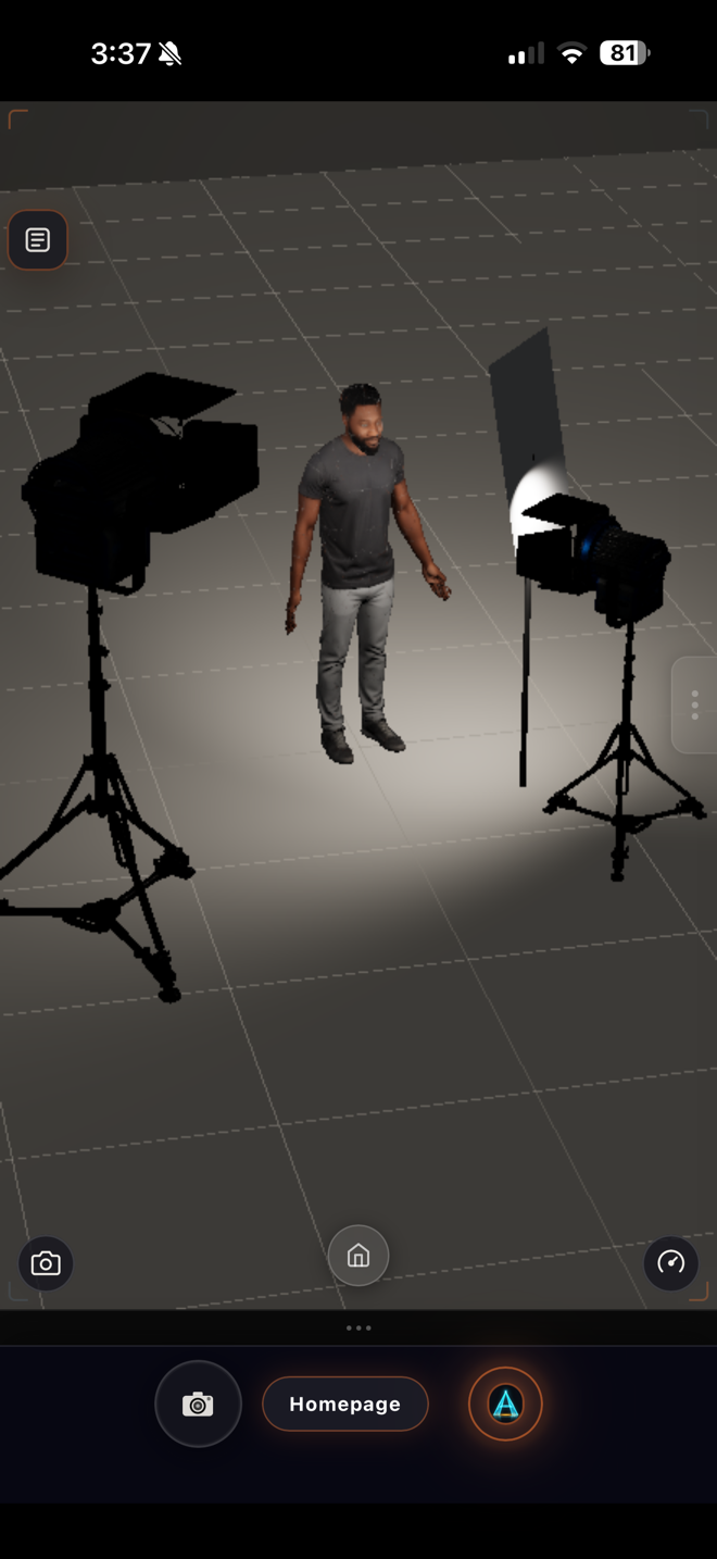 WATT-IF Stage Editor showing a virtual fixture illuminating a subject