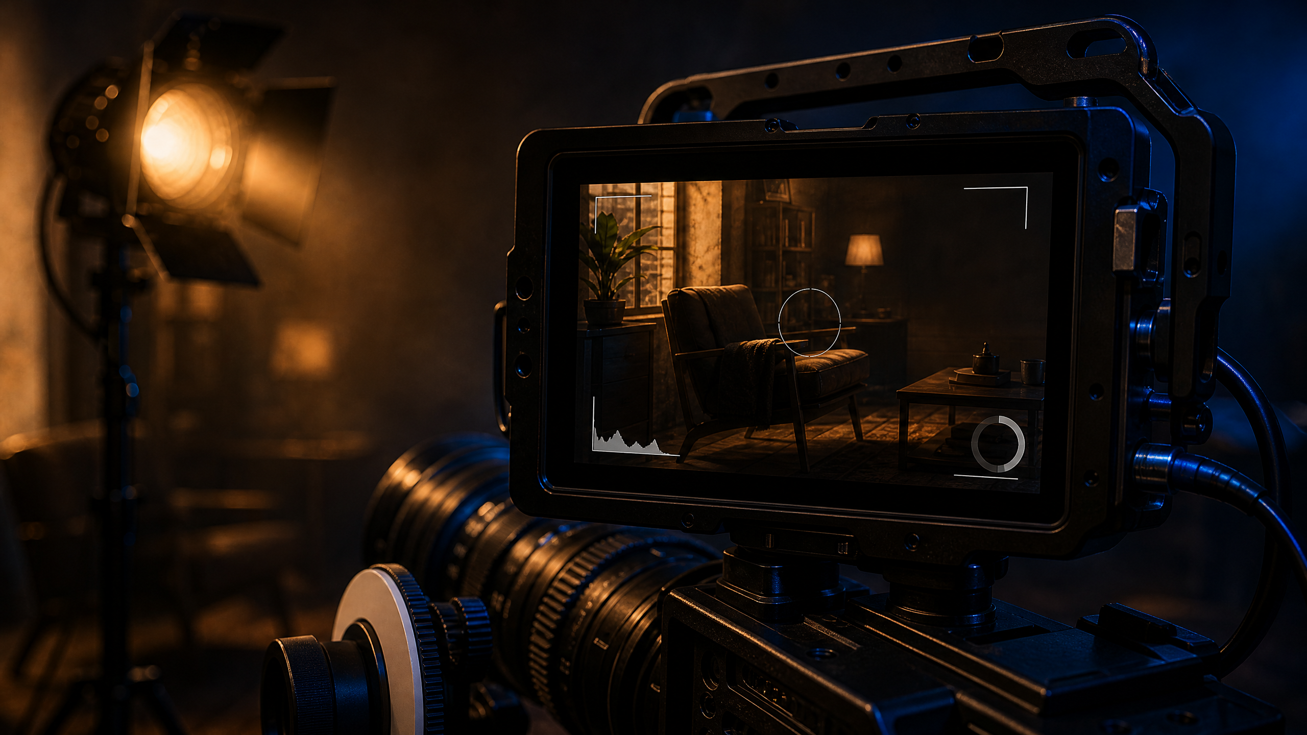 Cinema camera viewfinder showing depth of field preview with exposure triangle overlay