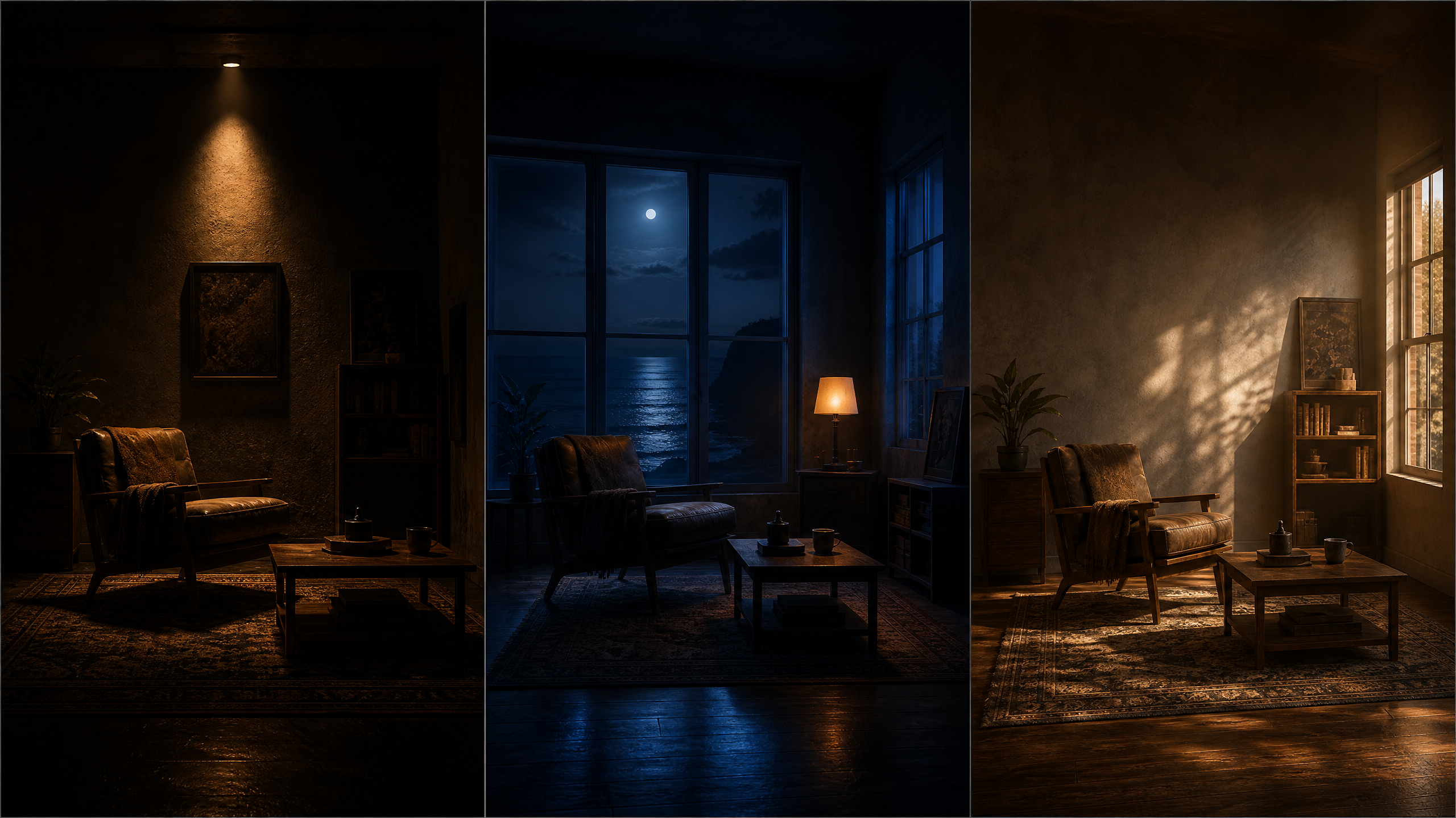Three iconic film lighting recreations: Blade Runner 2049 interrogation, The Godfather office, and Moonlight beach