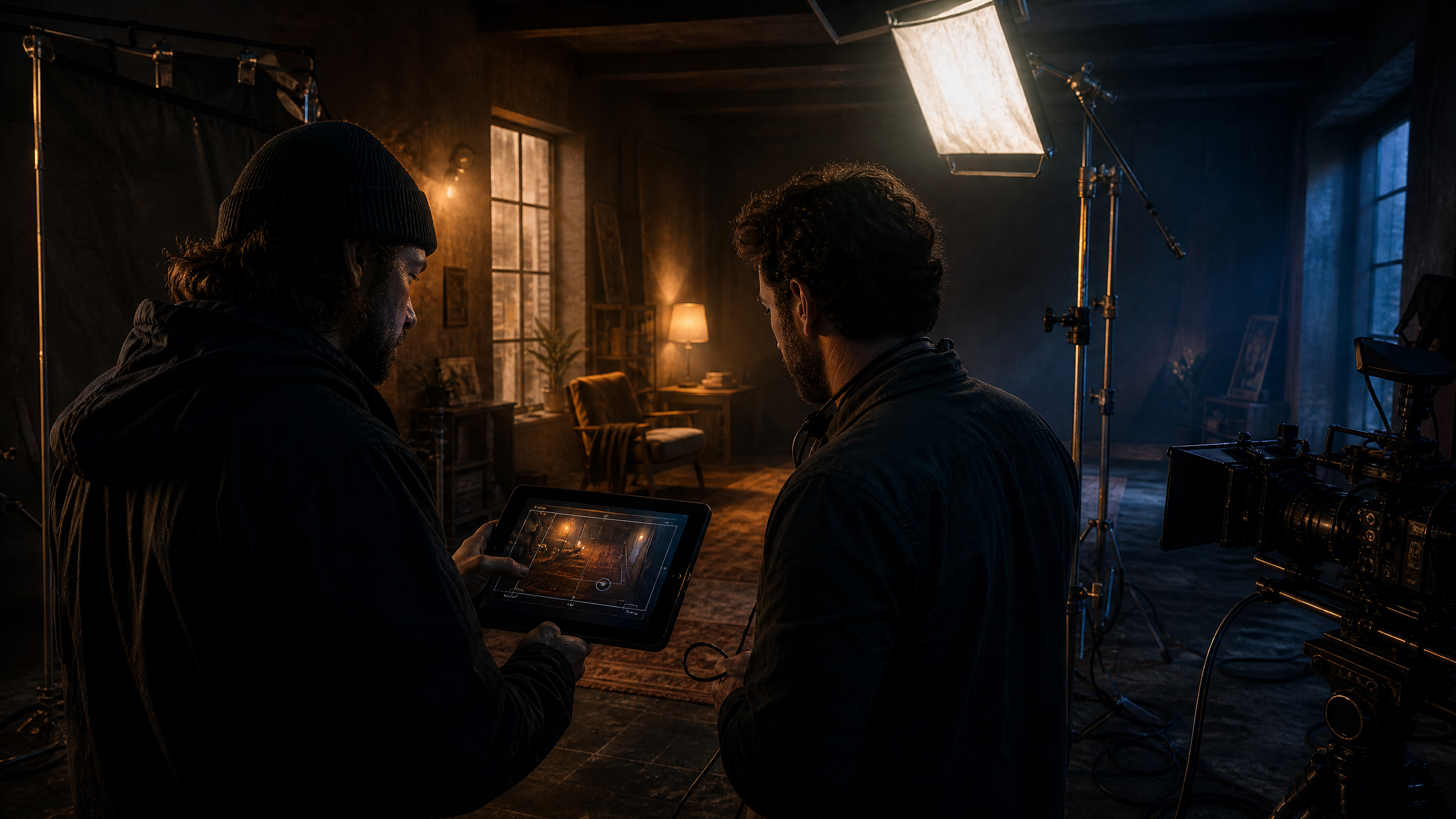On-set workflow: DP reviewing Set Plan PDF with gaffer while lighting fixtures are rigged to match the digital plan
