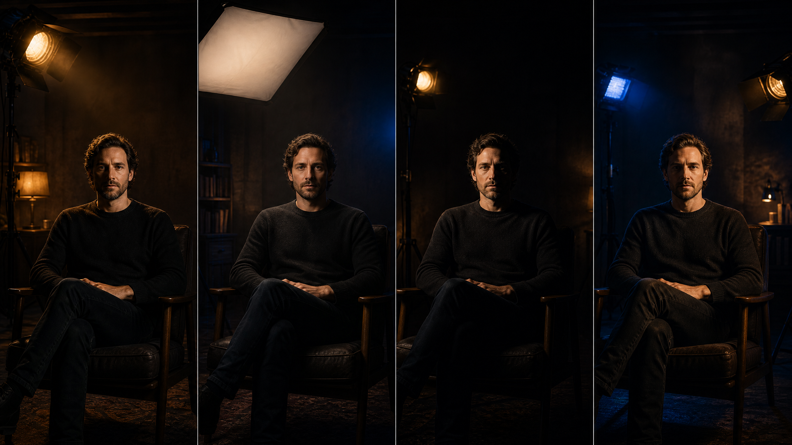 Four portrait lighting styles: Rembrandt, Butterfly, Split, and Loop demonstrated on a subject
