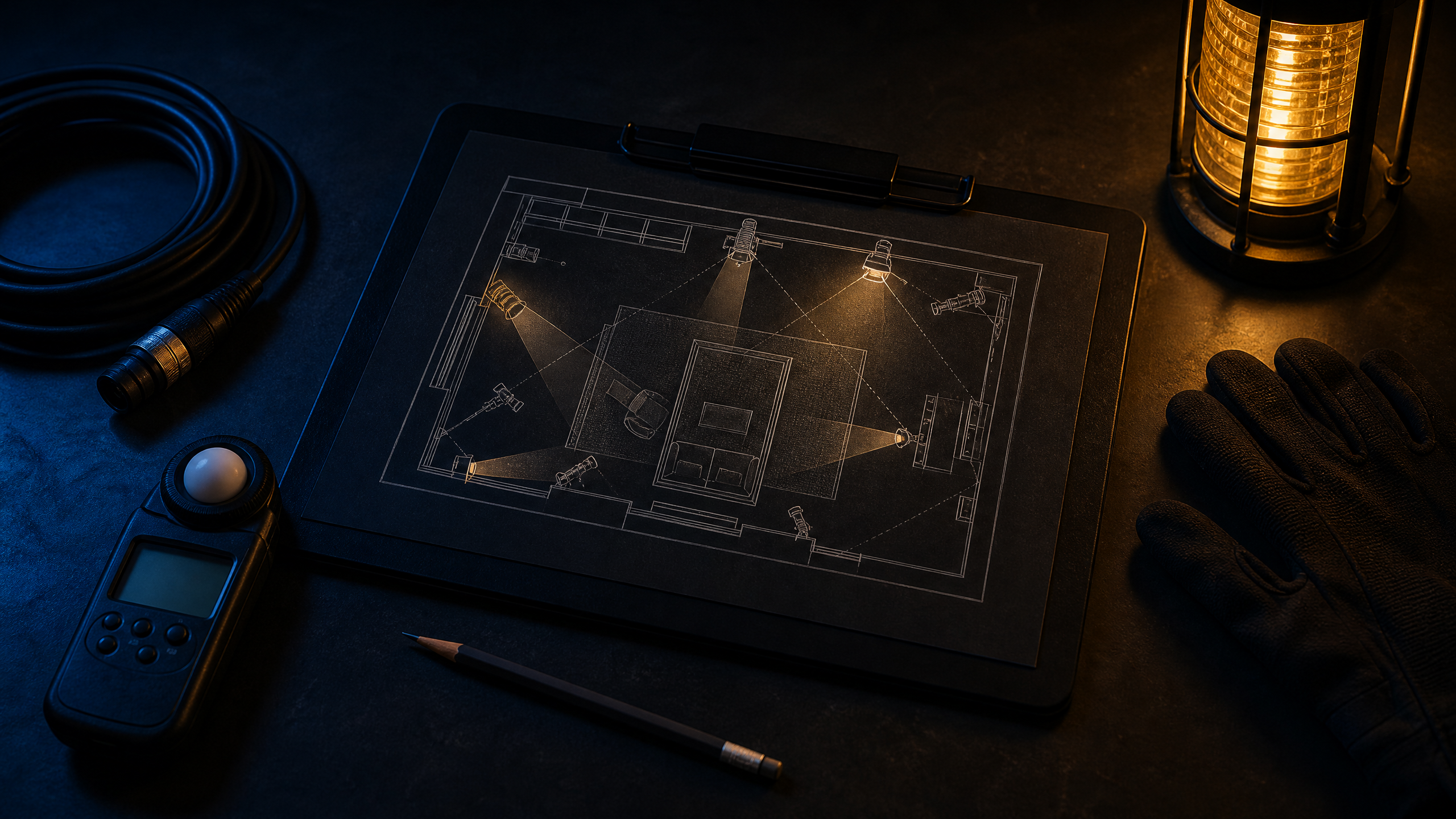 WATT-IF Set Plan PDF export: cover page with top-down lighting diagram, gear table, and power budget