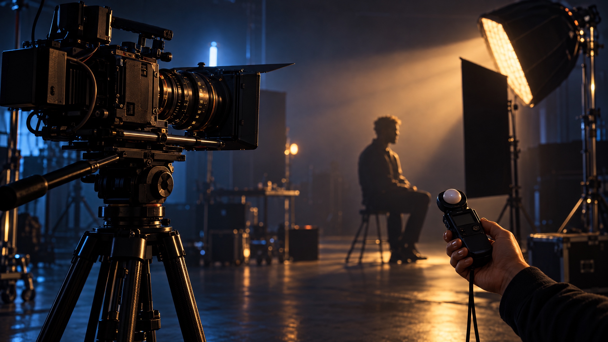 A cinema camera and incident light meter in a controlled amber-and-cobalt lighting setup
