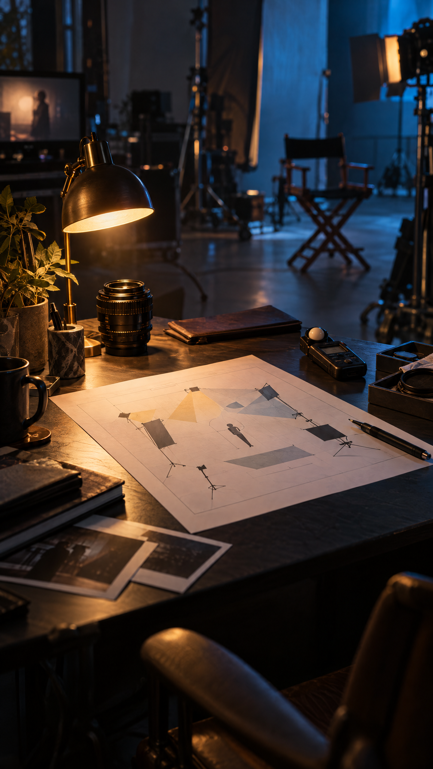 Original WATT-IF workflow artwork showing a lighting plan, lens, light meter, and practical lamp on a film-prep desk
